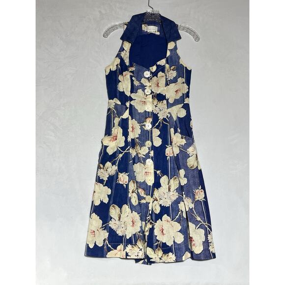 Camellia Collared Dress 6 Blue Floral Linen Blend Sweetheart Neckline Fit Flare - Picture 1 of 10